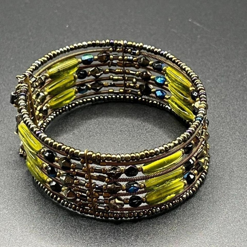 Cuff Bracelet Green Bronze Beaded Multi Strand Memory Wire OS